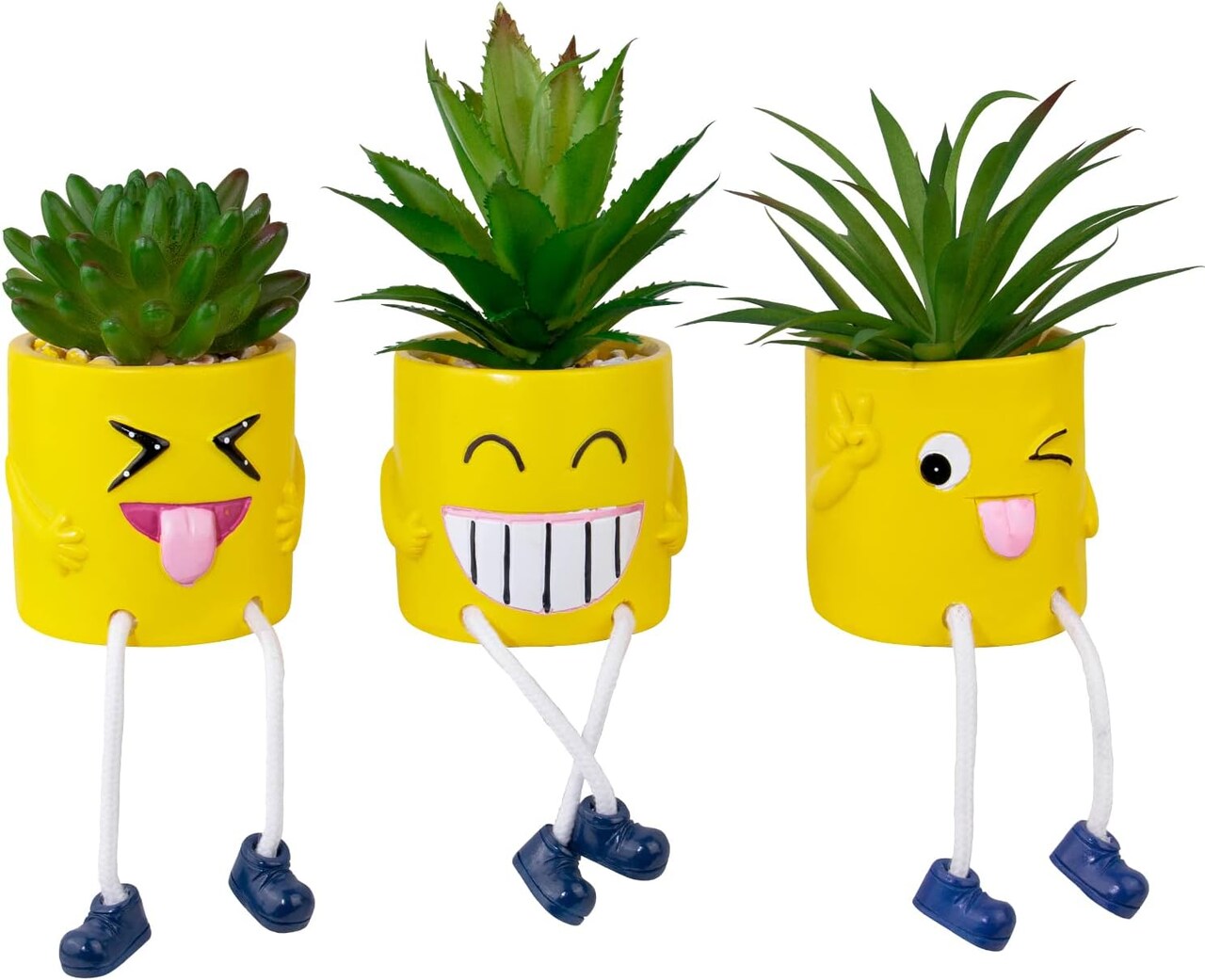 3Pcs Fake Plant Faux Succulents Cute Hanging Leg Potted, Creative Artificial Succulent Plants with Pots, Mini Vibrant Yellow Potted Succulents for Home/Office/Shelf Decor
